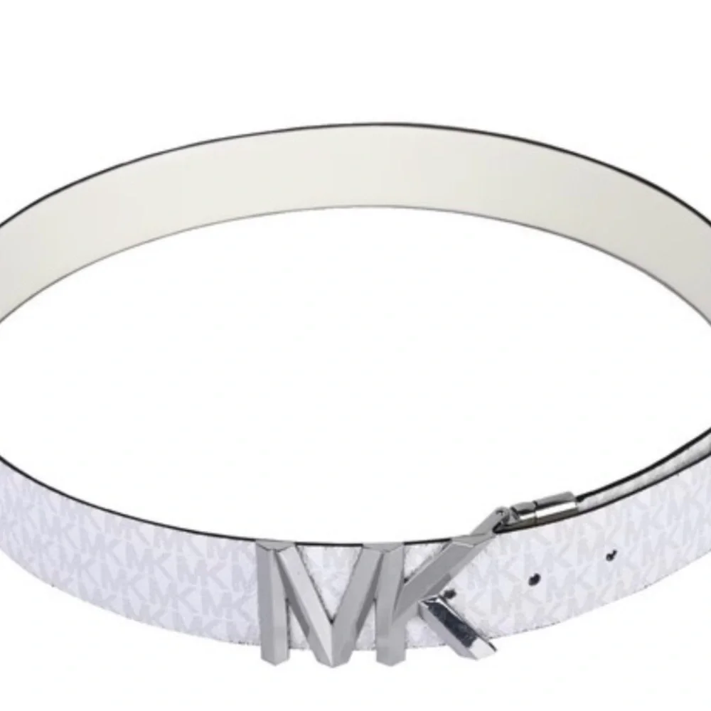 Michael Kors White MK Logo Monogram Belt with Silver Buckle - Picture 2 of 3